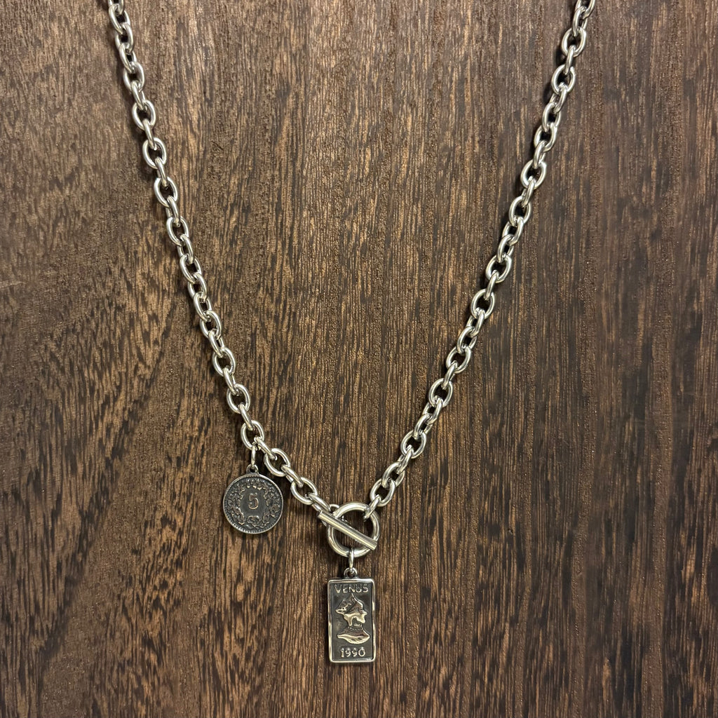 【金属アレルギー対応】サージカルスチール_アンティークコインダブルチャームネックレス