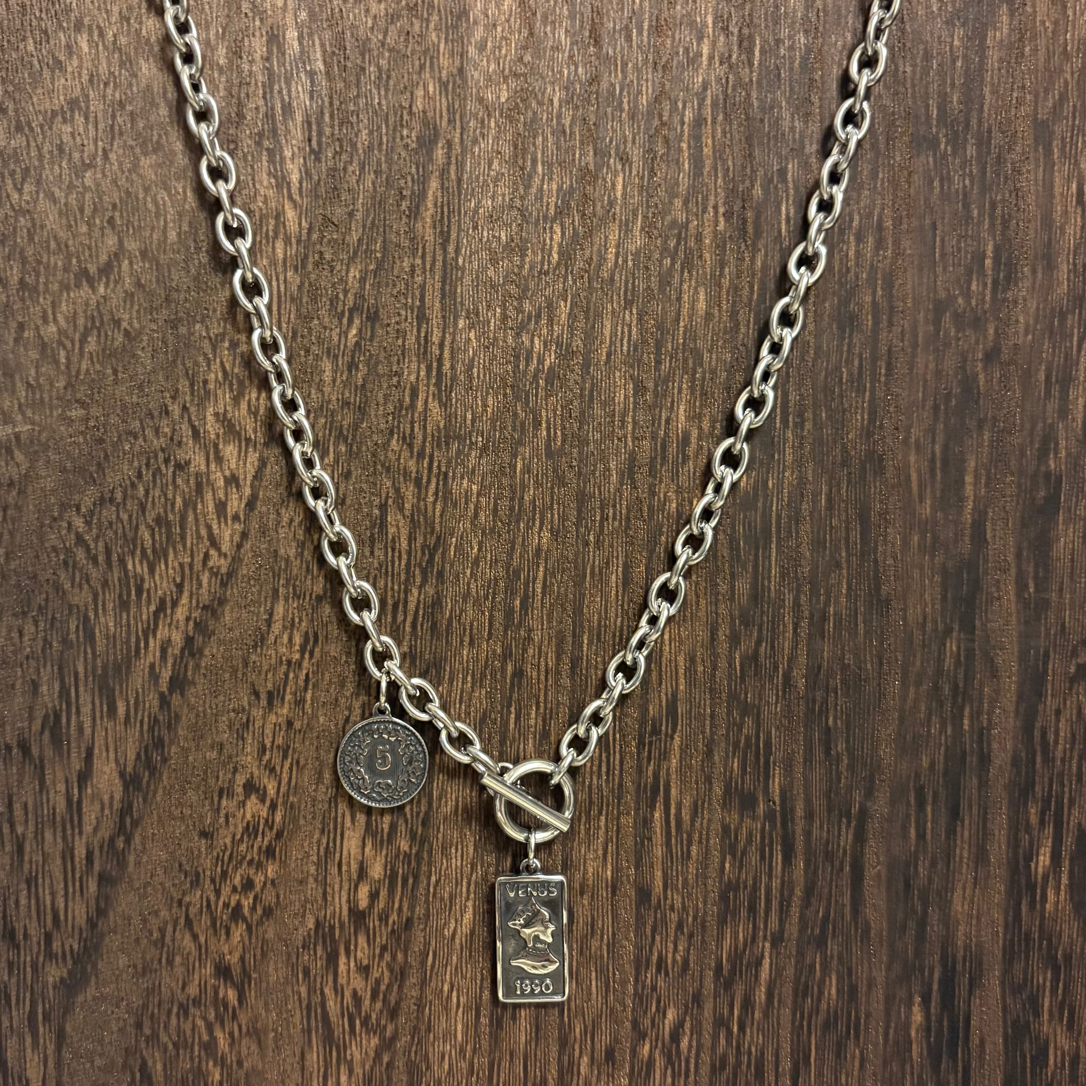 【金属アレルギー対応】サージカルスチール_アンティークコインダブルチャームネックレス