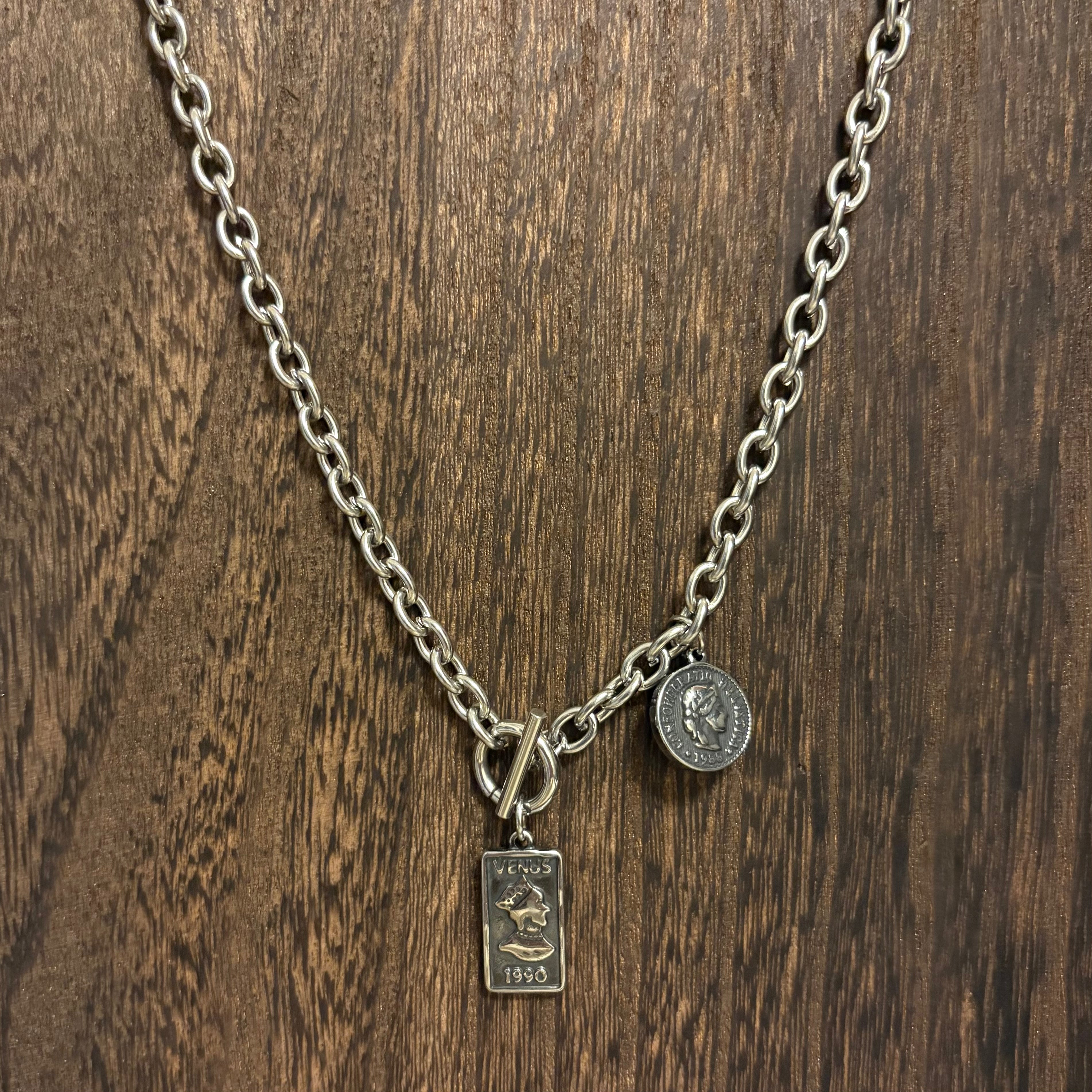 【金属アレルギー対応】サージカルスチール_アンティークコインダブルチャームネックレス