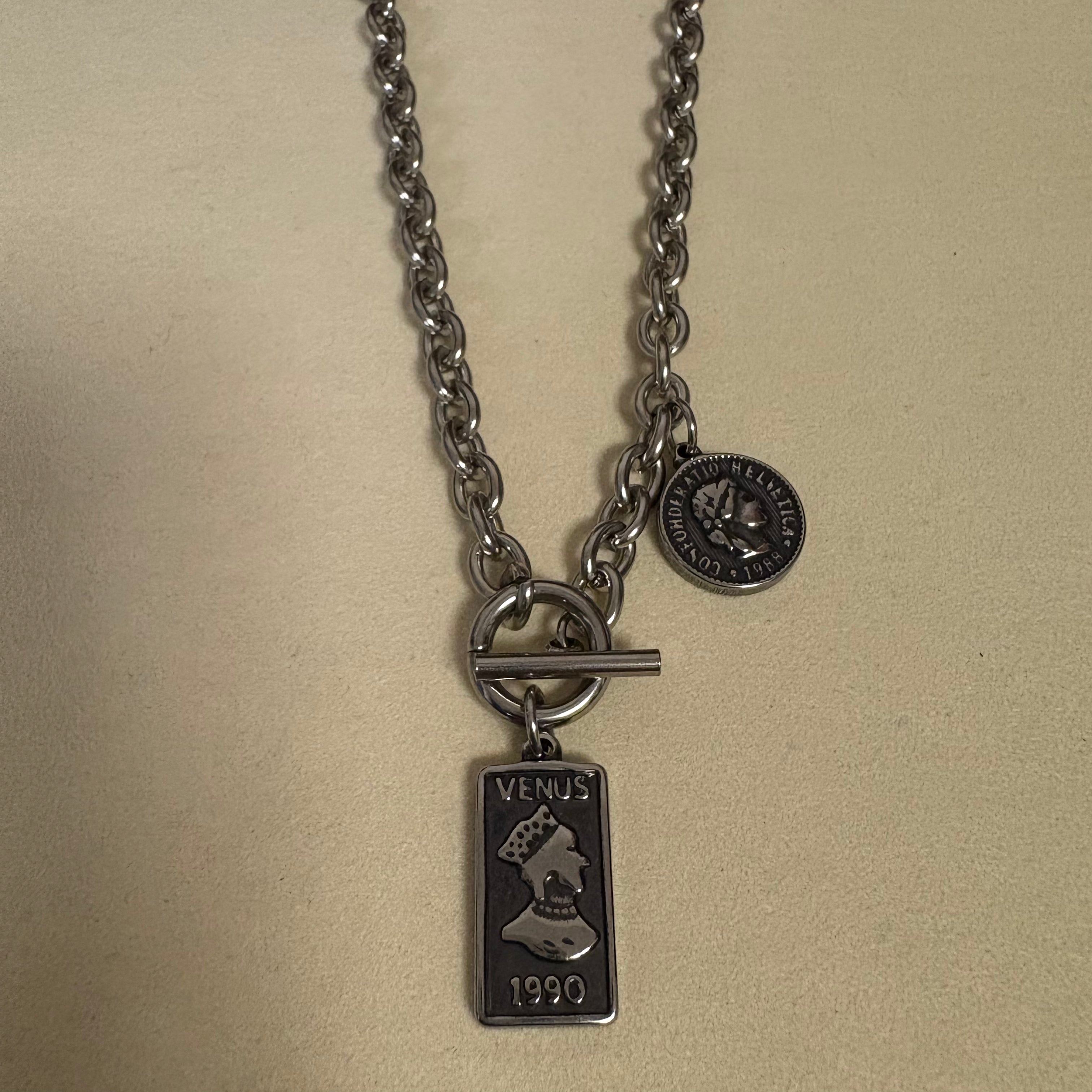 【金属アレルギー対応】サージカルスチール_アンティークコインダブルチャームネックレス