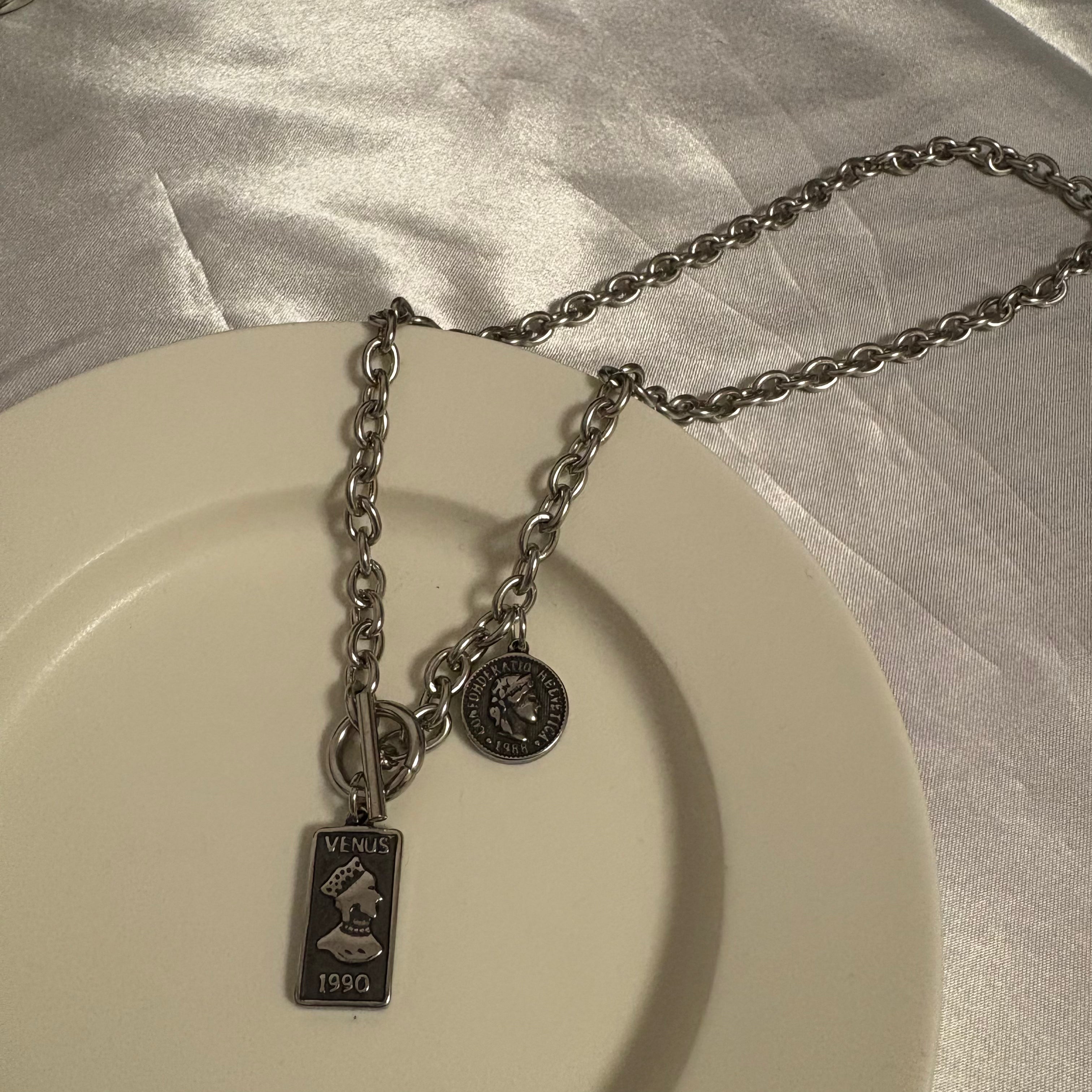 【金属アレルギー対応】サージカルスチール_アンティークコインダブルチャームネックレス